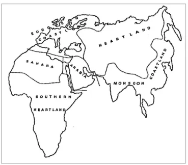 Figura  2 – A Ilha Mundial, dividida em seis regiões naturais    Fonte: (MACKINDER, 1919, p