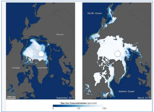 Figura  10 – Extensão de gelo no Oceano Ártico (variações sazonais)   Fonte: (NASA, 2014a)
