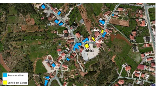 Figura 5C - Localização dos 3 Edifícios, Aljustrel  [Bing Aerial with labels-QGIS 2.2]