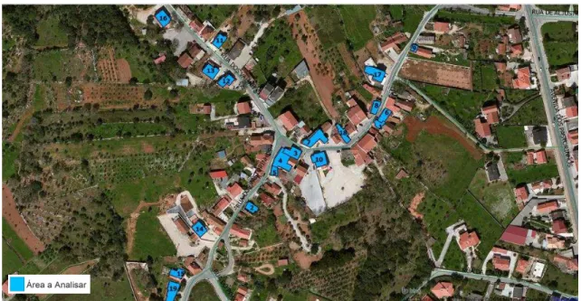 Figura 1D – Área de estudo com identificação das edificações analisadas  [Bing Aerial with labels-QGIS 2.2] 