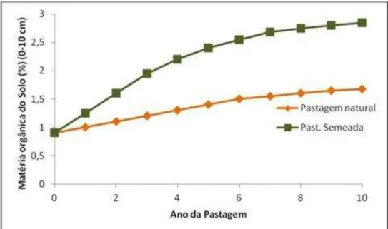 Figura 1  –  Evolução do teor do solo em matéria orgânica sob pousio e pastagem semeada em Portugal