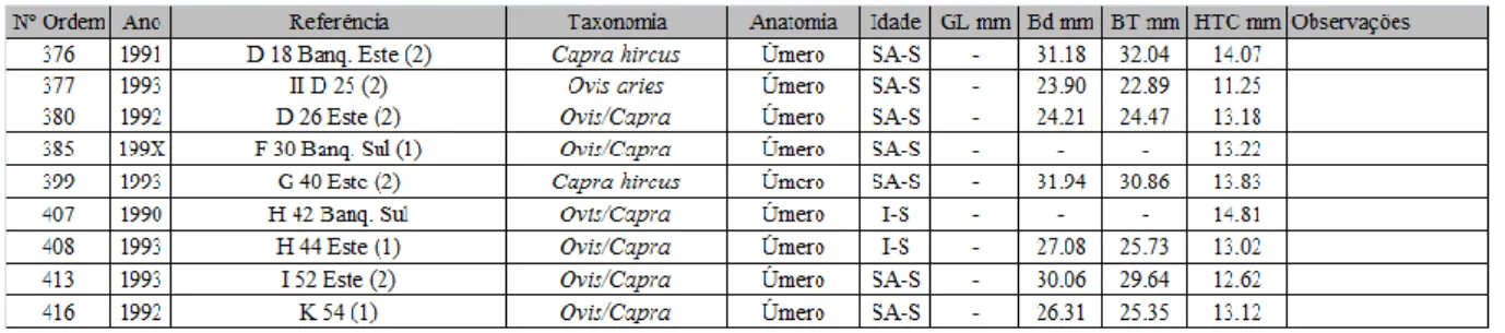 Tabela 4.69. – Dados osteométricos de Ovis aries/Capra hircus (úmero) em MOR/RAB