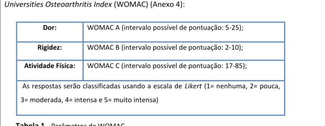 Tabela 1 -  Parâmetros de WOMAC