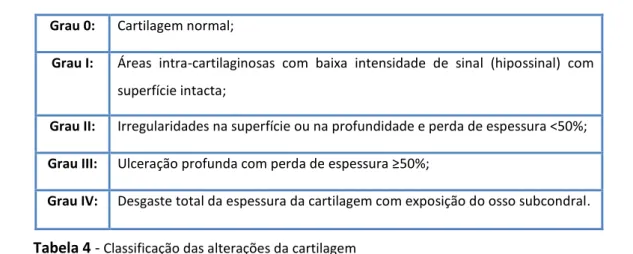 Tabela 4 -  Classificação das alterações da cartilagem