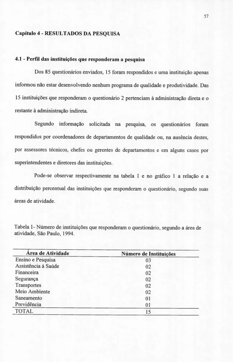 Tabela 1- Número de instituições que responderam o questionário, segundo a área de atividade, São Paulo, 1994.