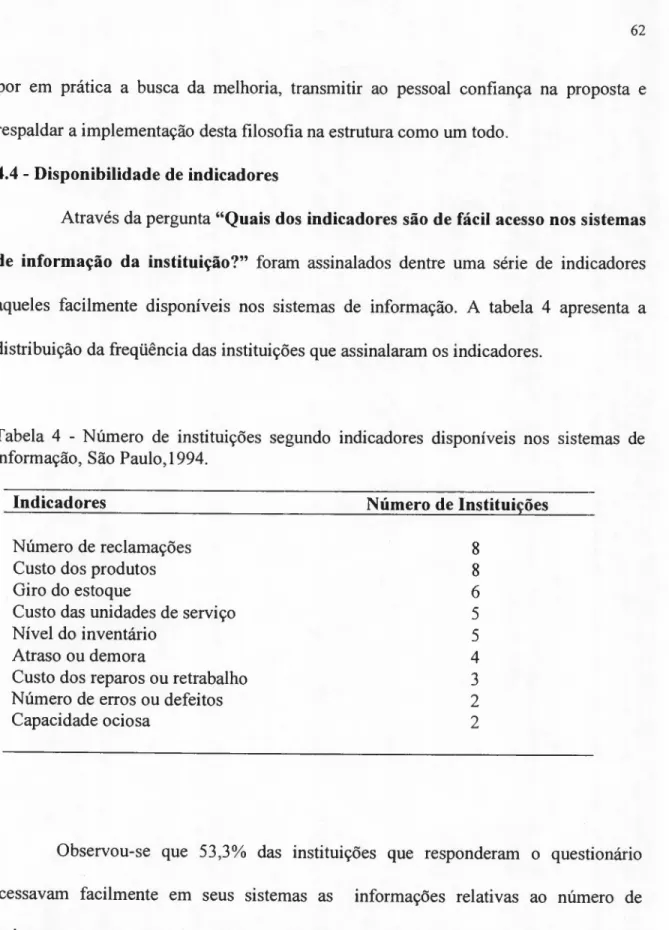 Tabela 4 - Número de instituições segundo indicadores disponíveis nos sistemas de informação, São Paulo, 1994.
