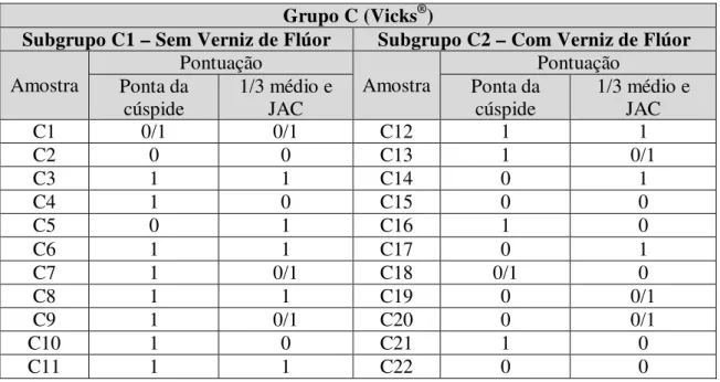 Tabela 7- Registo das pontuações atribuídas às amostras do grupo C, segundo o Índice da Erosão Dentária  