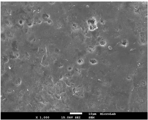 Figura 13 – Subgrupo A1 (Ventilan ®  sem flúor) (x1.000) – Fotomicrografia panorâmica do esmalte  erodido, sendo evidente o aumento da desorganização da superfície 