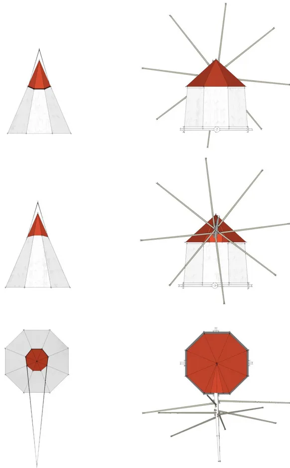 Fig. 6 Comparação formal entre a nova intervenção o moinho de vento giratório mais característico da  ilha