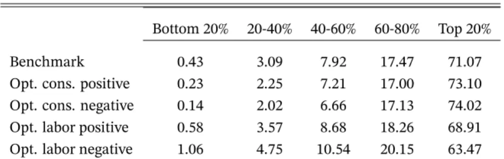 Table 3: Wealth distribution The table describes the cross-sectional wealth distributions for the benchmark and each optimized tax system.