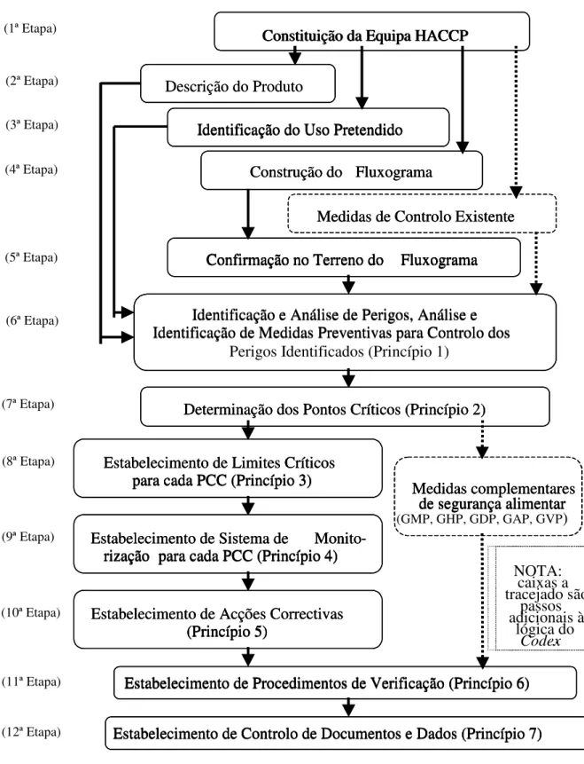 Figura 3: A sequência e a interação das 12 etapas da metodologia do sistema HACCP (Fonte: Baptista et  al., 2003)