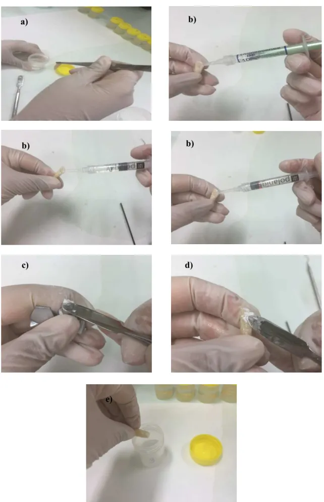 Figura 18-  a) Remoção da amostra do boião; b) Colocação do gel de branqueamento (respetivamente Poladay para  o grupo 1, Opalesence para o grupo 2, Polanight para o grupo 3); c) Remoção do Cavit de dentro da sua 