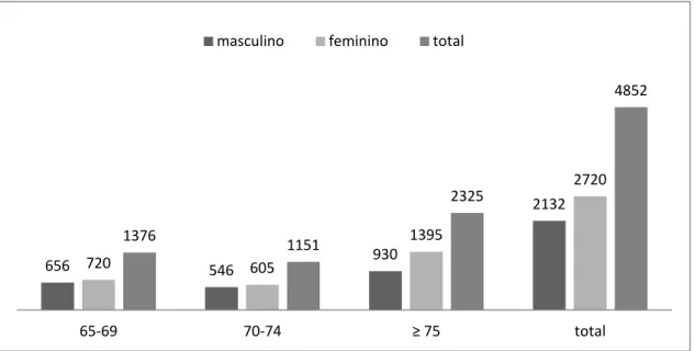 Gráfico  2.  Distribuição  do  número  de  idosos  inscritos  no  Centro  de  Saúde  da  Lourinhã, por idade e género.