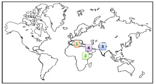 Fig.  1  –   Centros  de  origem  da  ervilha ,  segundo  Vavilov  (1949):  1-Bacia  do  Mediterrâneo, 2-Etiópia, 3- Ásia Central; 4-Próximo Oriente 