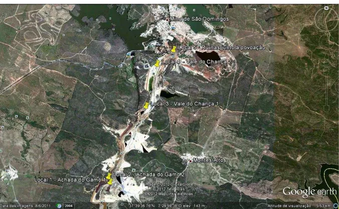 Figura  7.  Mapa  da  área  mineira  de  São  Domingos  com  a  localização  dos  pontos  de  amostragem (solo e plantas) (imagem tratada a partir de uma imagem do Google Earth)
