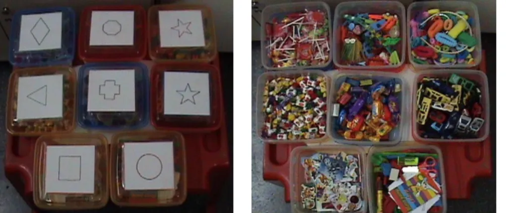 Figura 5: Caixas plásticas com tampas mostrando as figuras geométricas (à       esquerda) e suas respectivas prendas agrupadas por tipo de produto (à direita)