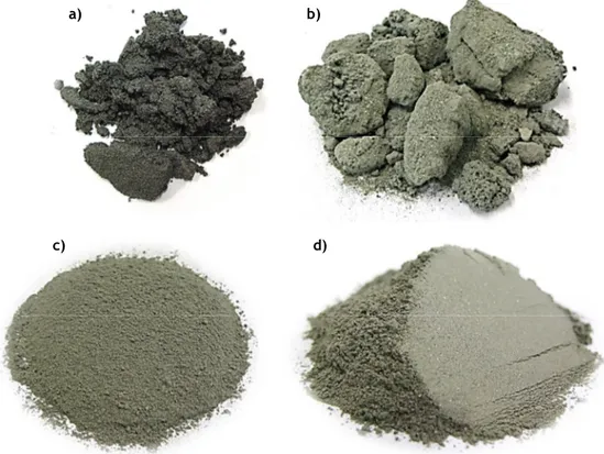 Figura 3.5: Aspeto das lamas residuais das minas da Panasqueira, a) no momento da recolha, b)  após secagem, c) após moagem e d) após peneiração