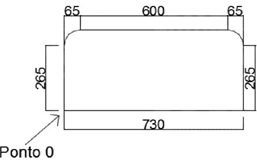Figura 3.11. Peça com medidas a colocar no programa  A escala é em milímetros e a broca tem 15 mm de raio