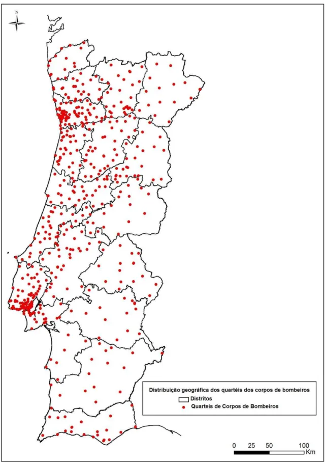 Figura 2 - Distribuição geográfica dos quartéis dos Corpos de Bombeiros. Fonte: ANPC 