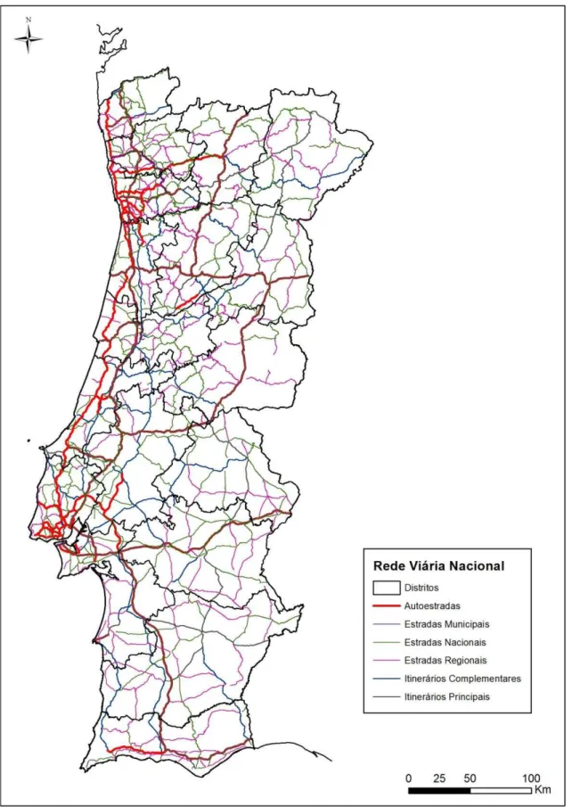 Figura 3 - Rede viária nacional. Fonte: ANPC Fonte: Estradas de Portugal S.A.. 