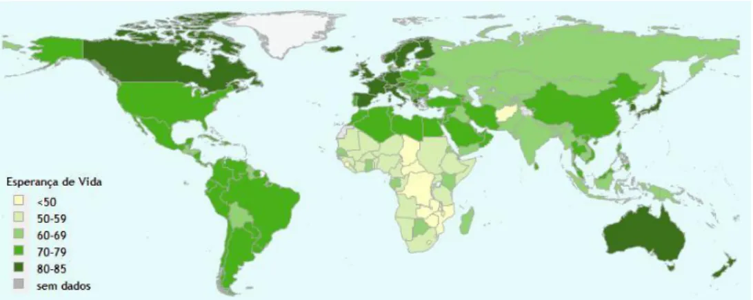 Figura 1 – Mapa Mundial de Esperança Média de Vida, OMS 2011 Adaptado de: World Health Organization - World Health Statistics, 2011 
