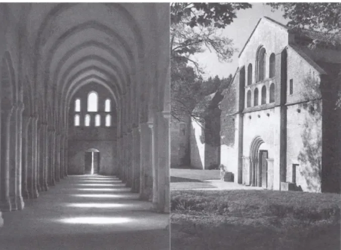 Figura 3. Vista interior da Nave Principal da Abadia de  Fontenay e Fachada Principal da Abadia de Fontenay