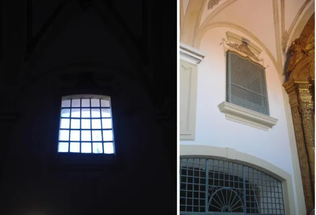 Fig. 12 À esquerda: abertura para o lado sul da capela-mor, à direita abertura com grade para o coro baixo  e a abertura gradeada da ala dos dormitórios (fotografias da autora 2014)