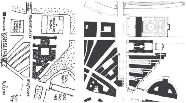 Figura 1. Propuestas de R.Östberg para la ampliación del Palacio del  Gobierno de Estocolmo (1918) y de E.G.Asplund para los edificios  ministeriales de la Real Chancillería de Estocolmo sobre el mismo  solar (1922)