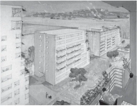 Figura 6. Perspectiva del proyecto de Asplund para un grupo  residencial en el Norr Mälarstrand de Estocolmo (1931-32)