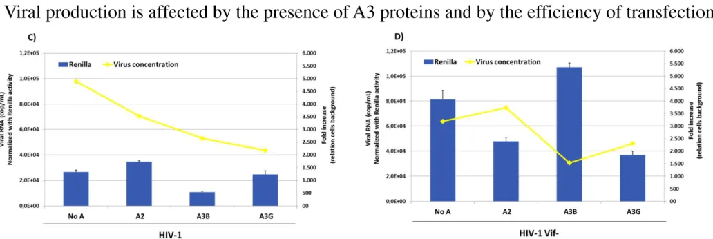 Fig. A3 proteins inhibit viral production of HIV-1 (C) and HIV-1 vif- (D) pRL.CMV (Renilla expression vector) it was used as a transfection efficiency control of 293T producing cells 