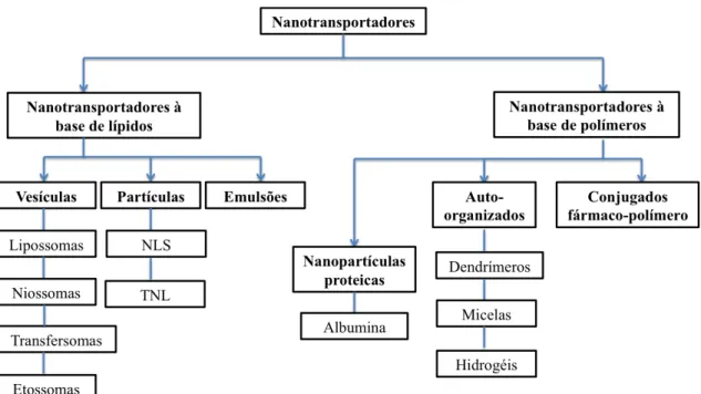 Figura  2  –  Sistemas  coloidais  de  entrega  de  fármacos.  NLS  (nanopartículas  lipídicas  sólidas);  TNL  (transportadores nano-estructurados lipídicos) Adaptado de Pradhan et al., (2013); Amaral &amp; Estanqueiro,  (2015); Loheharoenkal et al., (201