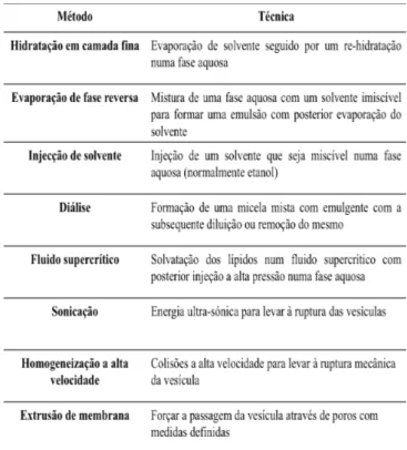 Tabela 2 – Técnicas de produção de lipossomas. Adaptado de Nogueira et al., (2015) 