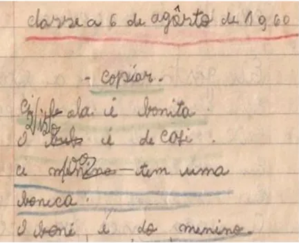 Figura 6: Fragmento do caderno da  aluna do primeiro ano “A” da  Escola Singular “Baixo Santa Júlia”