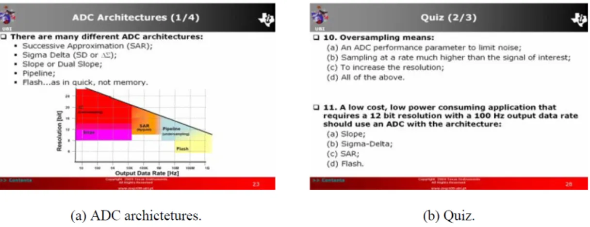 Figure 1 – Slides of the covered topic and Quiz in the Data Acquisition section. 