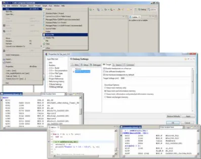Figure 2 – CCE workbench windows: C/C++ perspective; Device options configuration; Disassembly; code