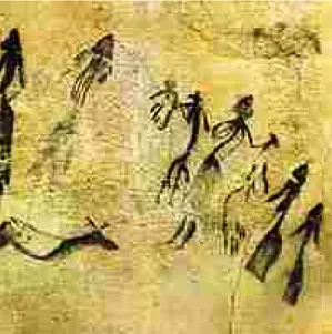 Figura 8: Pintura na rocha, Cogul, Espanha: cena de dança ritual. Período Paleolítico  (BERTHOLD, 2001, p.2)
