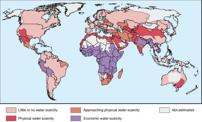 Figura 9 – Áreas de escassez hídrica, física ou económica – International Water Management Institute, 2007 