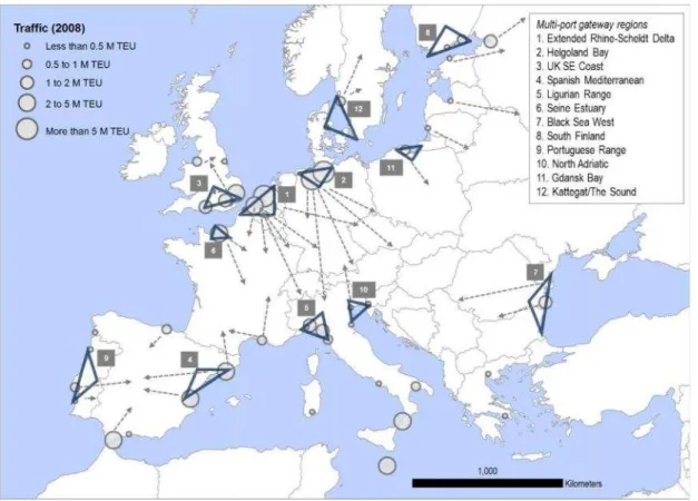 Figura nº 7 – Hinterland dos portos europeus Fonte: (Notteboom, 2011)