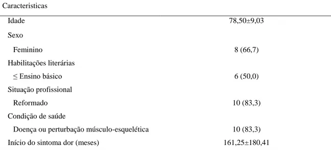 Tabela 4: Características dos participantes no painel de compreensão (n=12)  Caracteristicas  Idade  78,50±9,03 Sexo  Feminino  8 (66,7) Habilitações literárias  ≤ Ensino básico 6 (50,0)  Situação profissional  Reformado  10 (83,3)  Condição de saúde 