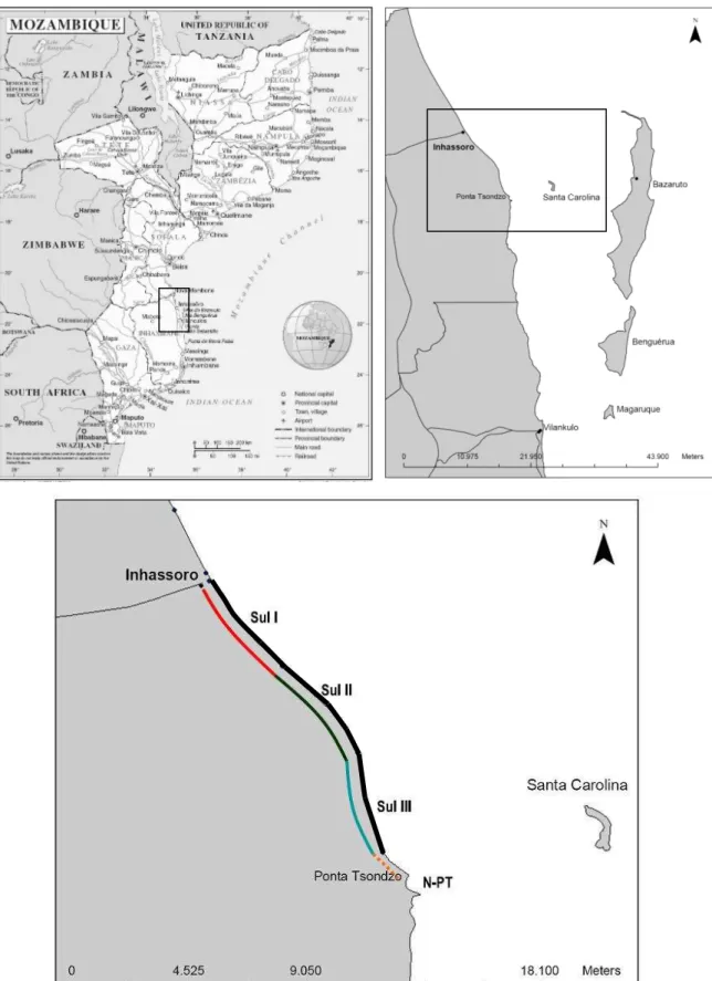 Figura 1 – Localização da região de estudo em Moçambique, em que A) mapa político de Moçambique  (fonte: Centro Cartográfico das Nações Unidas); B) Inhassoro e posição relativamente ao Arquipélago de  Bazaruto; c) estrato Inhassoro-Sul e centros de pesca o