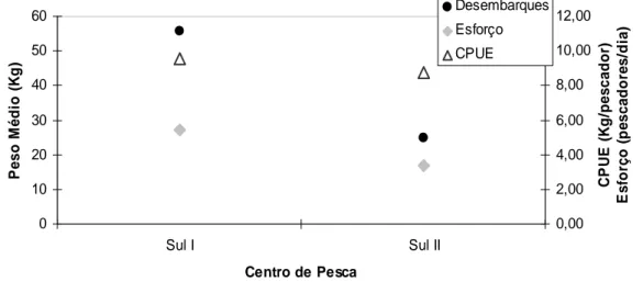 Figura  6  –  Captura  Média  por  Unidade  de  Esforço  (CPUE)  em  Kg/pescador,  Captura  Média  Estimada  (d=54)  em  Kg  e  Esforço  de  Pesca  Médio  (d=54)  dos  Centros  Sul  I  (embarcações  a  motor)  e  Sul  II  (embarcações à vela), no Estrato S