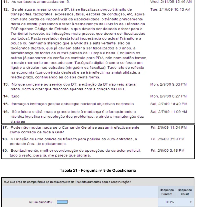 Tabela 21 - Pergunta nº 9 do Questionário 