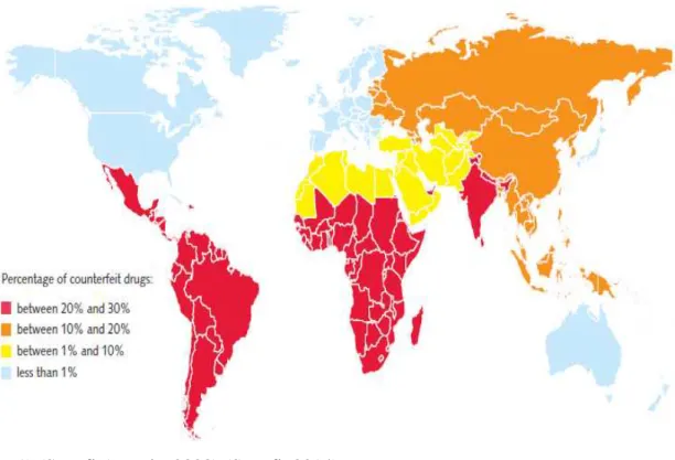 Figura 1 - Distribuição mundial da contrafação de medicamentos. A vermelho – entre os 20% e 30%