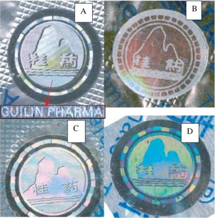 Figura 6 - Hologramas genuínos e contrafeitos do medicamento artesunato da empresa Guilin Pharma