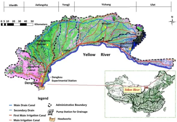 Figure 1.  Map of the  Hetao Irrigation District  with  representation of: (a)  main  irrigation  drainage  canals, (b) cropped areas, in green; (c) location of the Dengkou experimental area (Wu et al. [18]). 