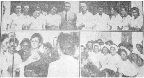 Figura 1 – Matéria jornalística, de 3 de abril de 1939, mostra a equipe de professores do primeiro curso de  auxiliares em alimentação, com o médico Francisco Pompêo  do Amaral; embaixo, a professora  Zenith Freire ministrando aula prática de dietética dur