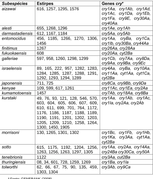Tabela 3 - Subespécies de B. thuringiensis. armazenadas no Banco de Germoplasma da Embrapa Recursos Genéticos e Biotecnologia, as estirpes caracterizadas e as Proteínas (genes) produzidas por cada uma delas.