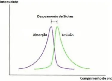 Figura  3.  Demonstração  do  pico  de  absorção  e  emissão  máxima,  ―Deslocamento  de  Stokes‖ (ARAÚJO, 2010)