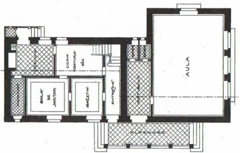 Figura 4. Planta do rés-do-chão do projeto de escola primária com habitação para professor,  a ser construída no concelho da Figueira da Foz, Raul Lino, 1922