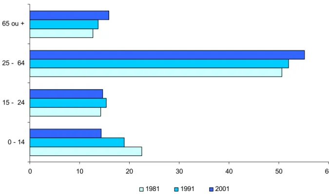 Gráfico I - Distribuição da População por Grupos Etários em 2001